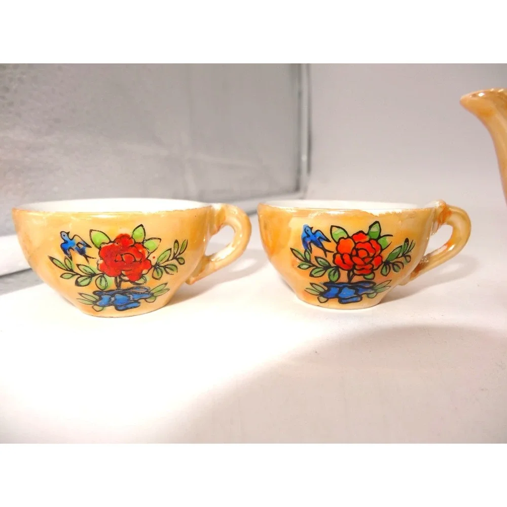 Vintage Lusterware Childs Floral Porcelain 10 Piece Orange/Peach &‎ Blue TeaSet